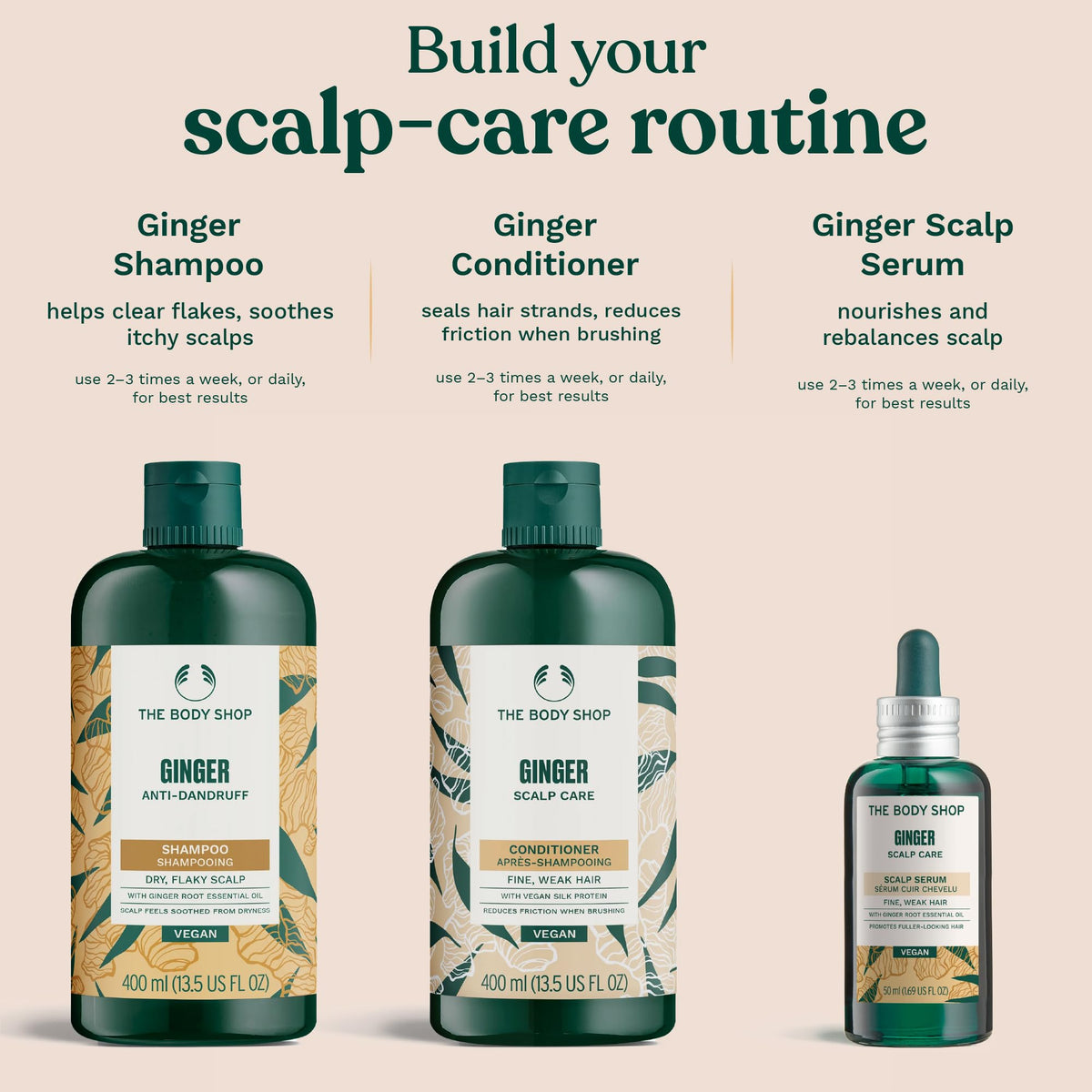 The Body Shop ginger shampoo next to a hand for scale to show convenient 250ml size