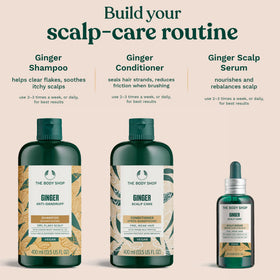 The Body Shop ginger shampoo next to a hand for scale to show convenient 250ml size