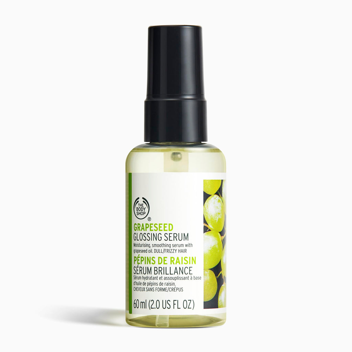 The Body Shop grapeseed glossing serum front packaging shows bottle and label for recognition and convenience