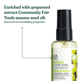 Close-up clear texture of The Body Shop grapeseed serum highlighting lightweight finish and quick absorption