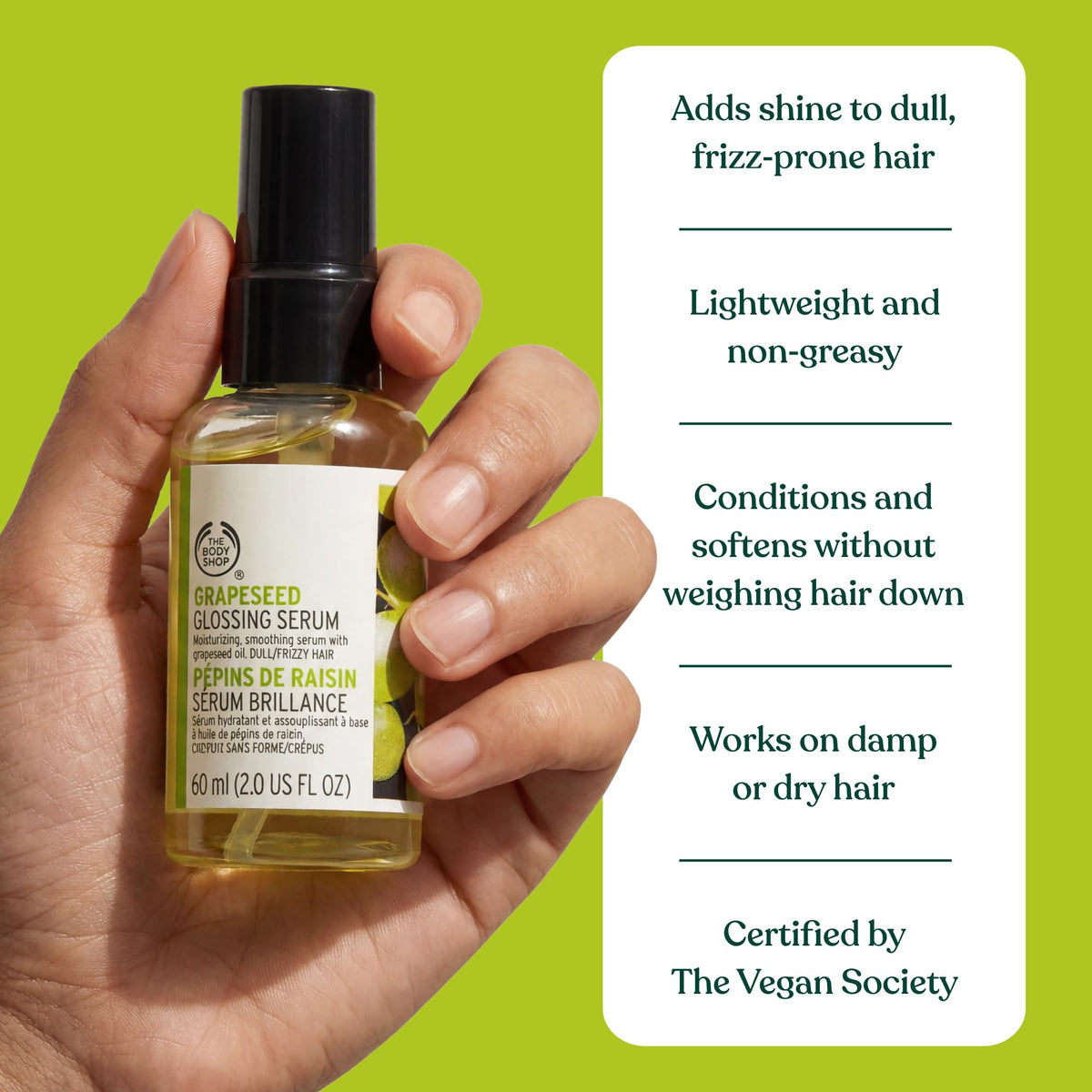 Before and after hair showing The Body Shop grapeseed serum smoothing frizz and adding glossy shine