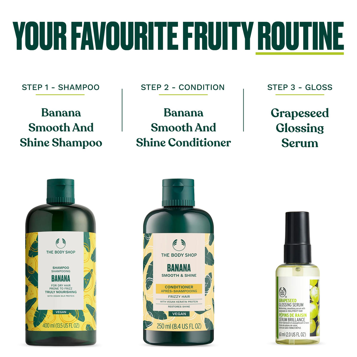Lifestyle shot of The Body Shop serum on bathroom shelf suggesting everyday use and styling readiness