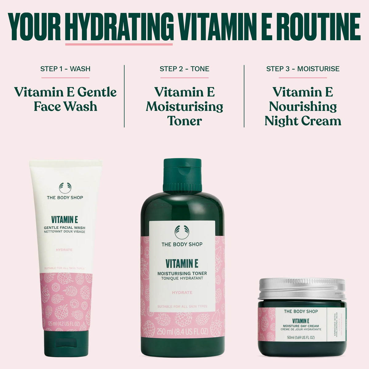 The Body Shop toner on a bathroom shelf in a calming routine setting