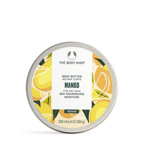 The Body Shop front tub view showing mango body butter and vibrant packaging benefits long-lasting hydration