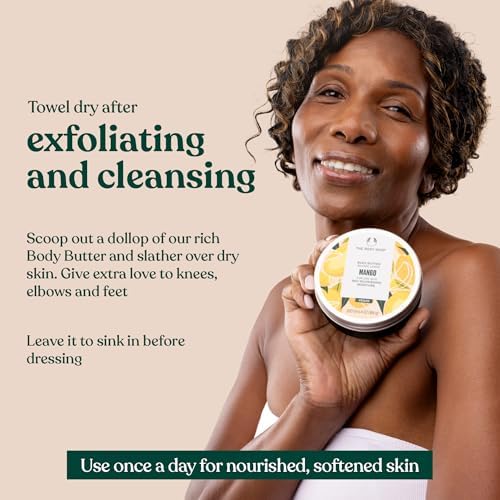The Body Shop open tub texture close-up showing creamy mango butter that melts into skin