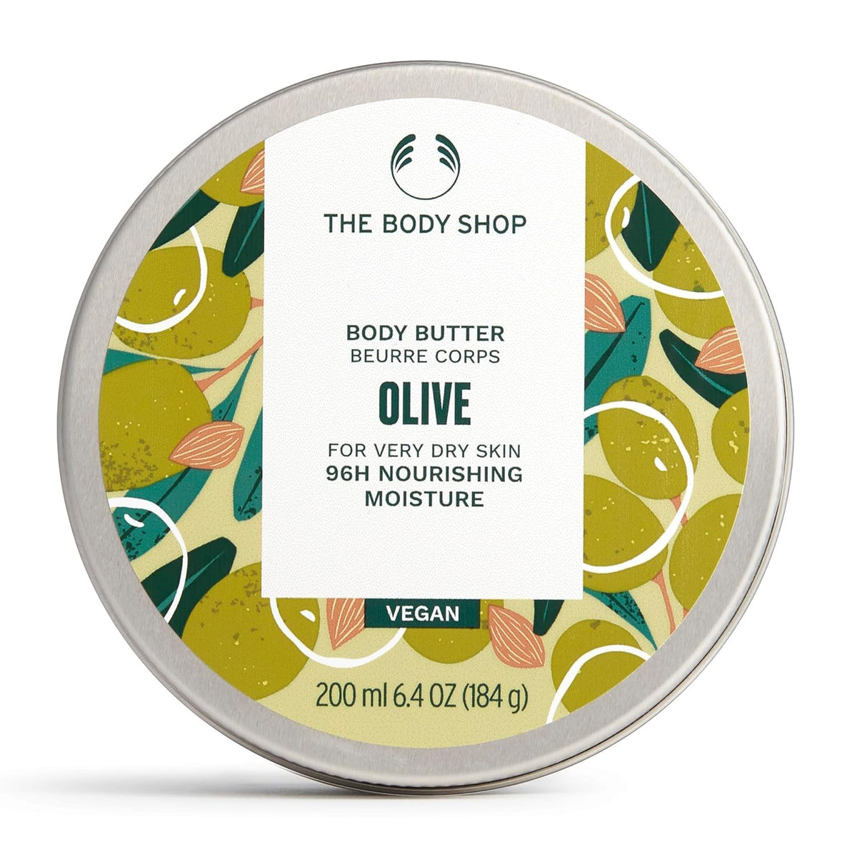 The Body Shop olive body butter front jar showing product label and size benefits
