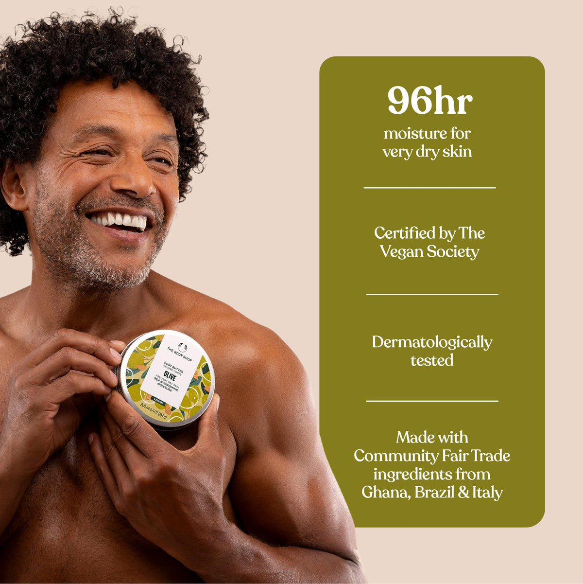 The Body Shop olive body butter recyclable tub and aluminium lid highlighting eco packaging