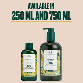 The Body Shop bottle on shower shelf in use, lifestyle freshness and daily use benefit
