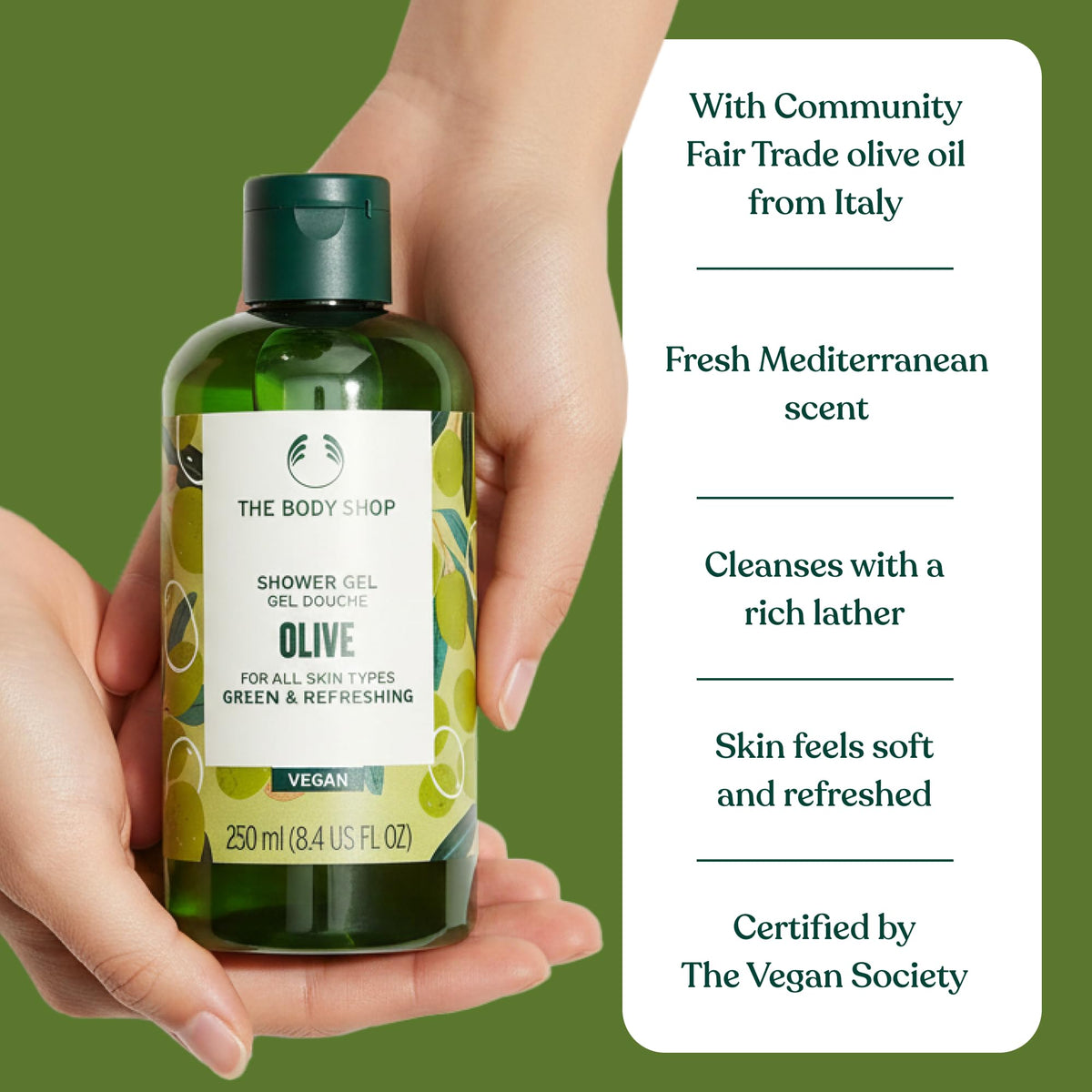 The Body Shop olive oil ingredient shot, highlights Community Trade conditioning benefit