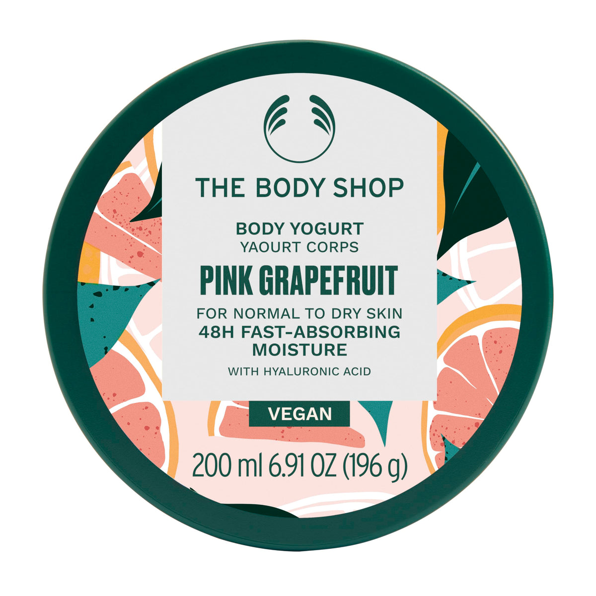 The Body Shop front tub shot showing bright pink grapefruit packaging and hydration benefit