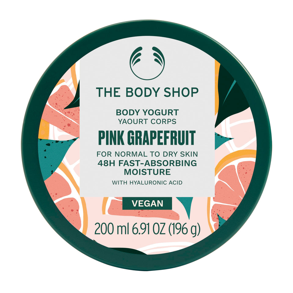 The Body Shop front tub shot showing bright pink grapefruit packaging and hydration benefit