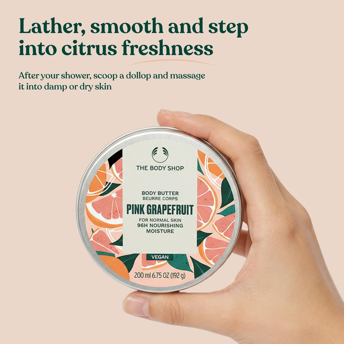 The Body Shop pink grapefruit applied on hands illustrating quick absorption