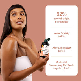 Clear shot of The Body Shop label highlighting natural ingredients and vegan status