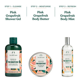 The Body Shop pink grapefruit on bathroom shelf showing everyday use
