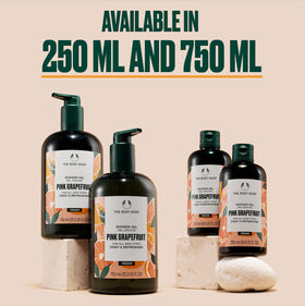 The Body Shop pink grapefruit bottle cap and plastic detail showing recyclable packaging benefit