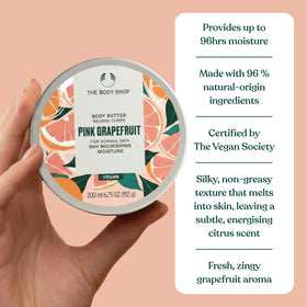 The Body Shop pink grapefruit beside grapefruit showing scale and freshness