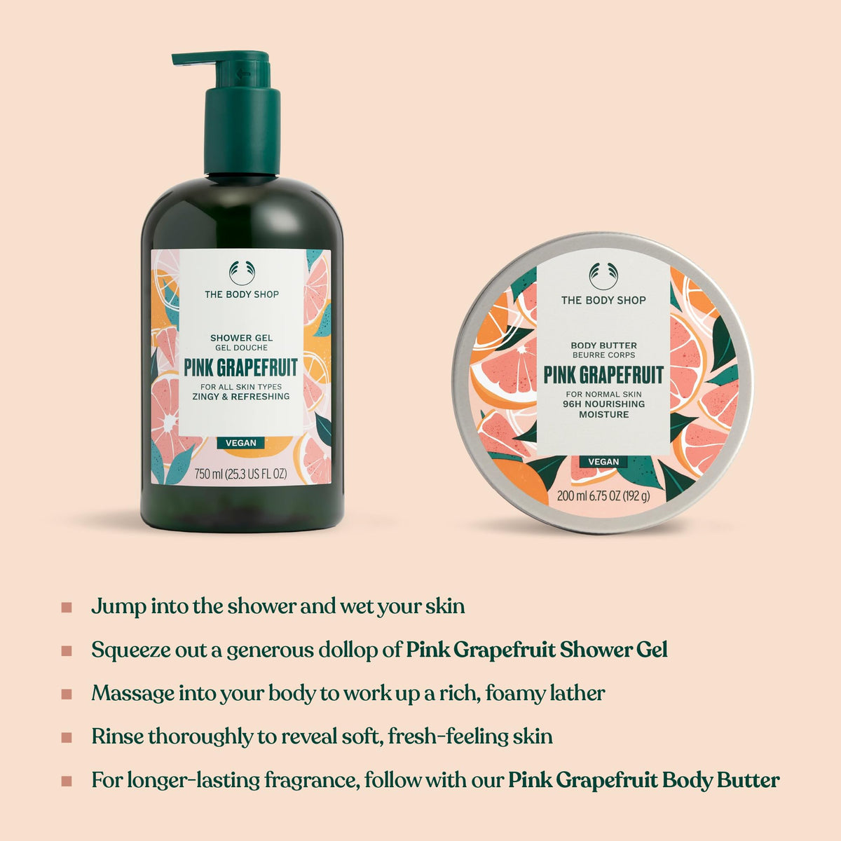 The Body Shop pink grapefruit bottle next to common objects showing generous 25.3 fl oz benefit