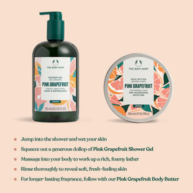 The Body Shop pink grapefruit bottle next to common objects showing generous 25.3 fl oz benefit