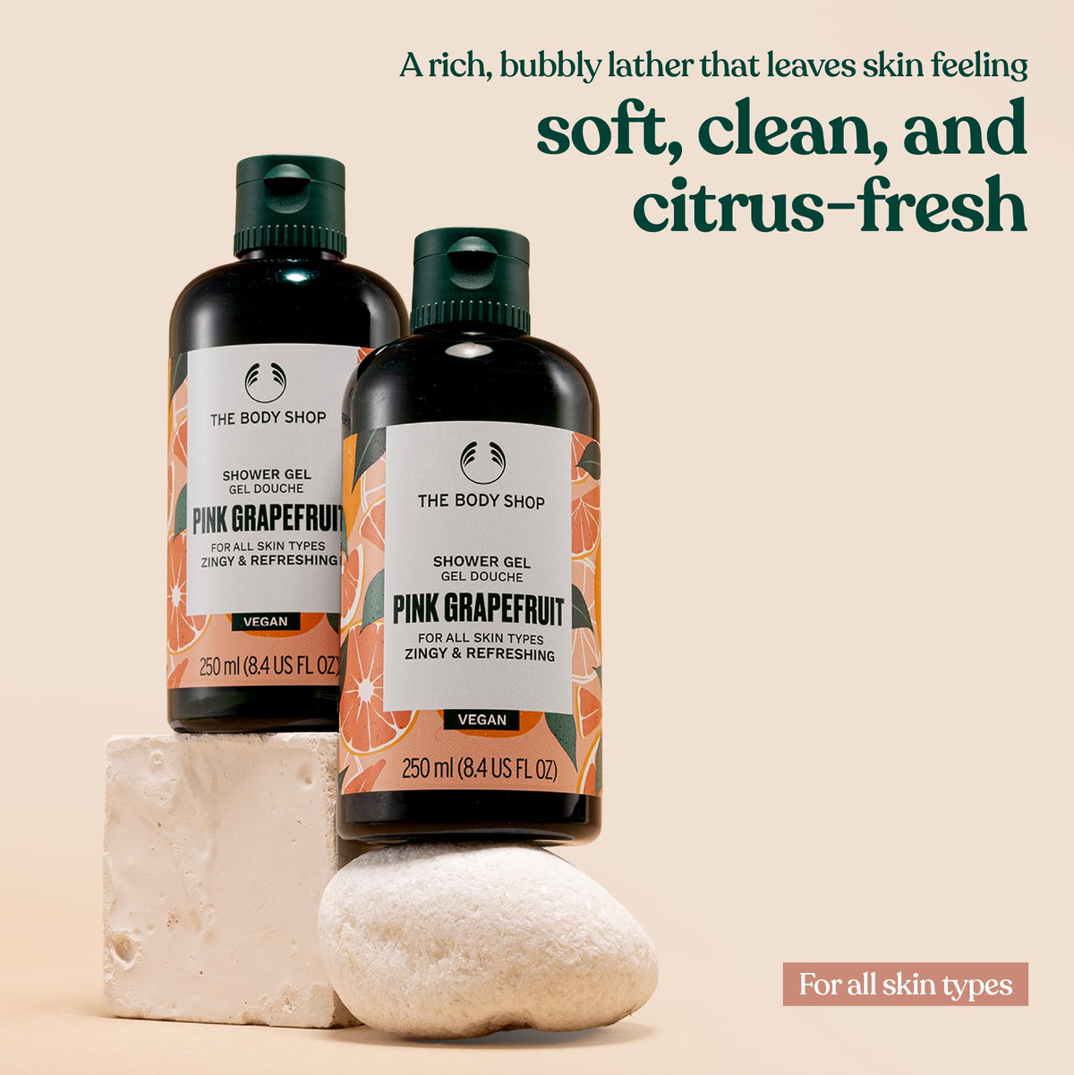 Close-up gel texture of The Body Shop showing creamy foam and gentle clean