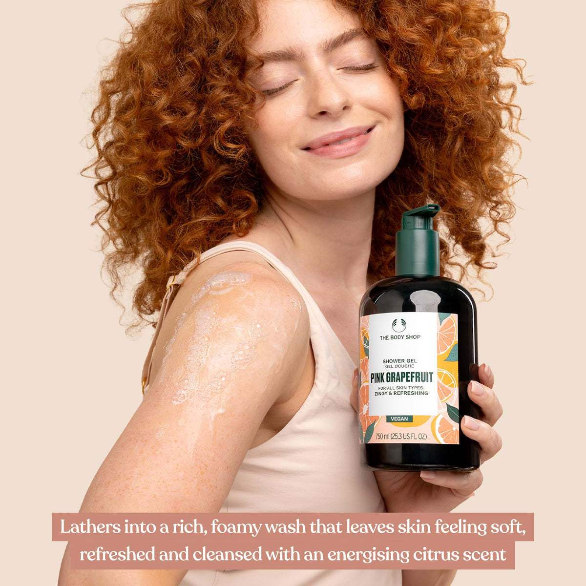 The Body Shop pink grapefruit gel texture on hand showing gentle cleanse benefit