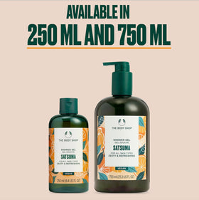 The Body Shop Satsuma bottle in bathroom setting showing uplifting-shower benefit