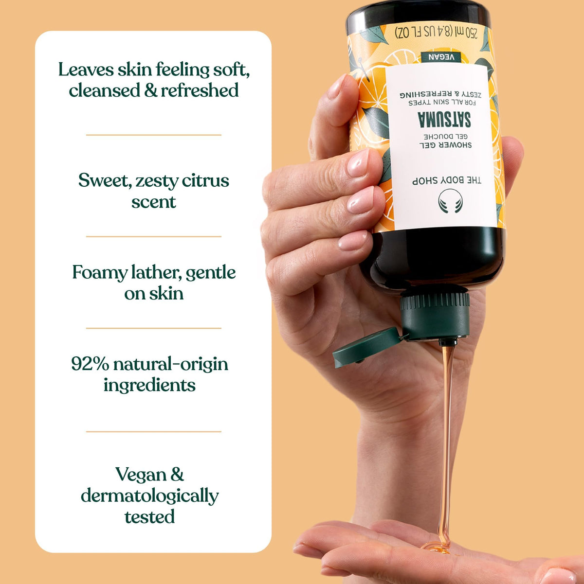 The Body Shop Satsuma poured beside measuring scale showing size clarity benefit