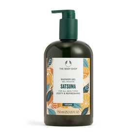 The Body Shop satsuma shower gel front bottle shows bold orange packaging and bright appeal