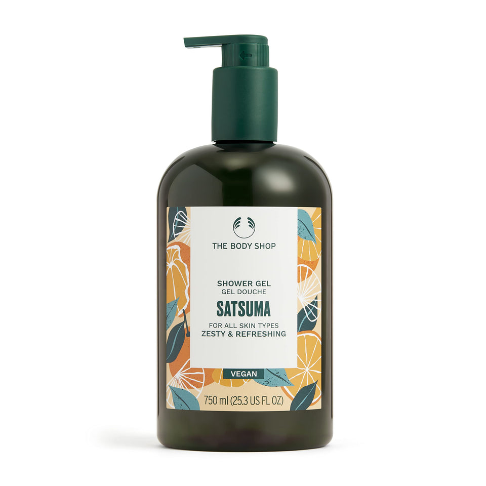 The Body Shop satsuma shower gel front bottle shows bold orange packaging and bright appeal