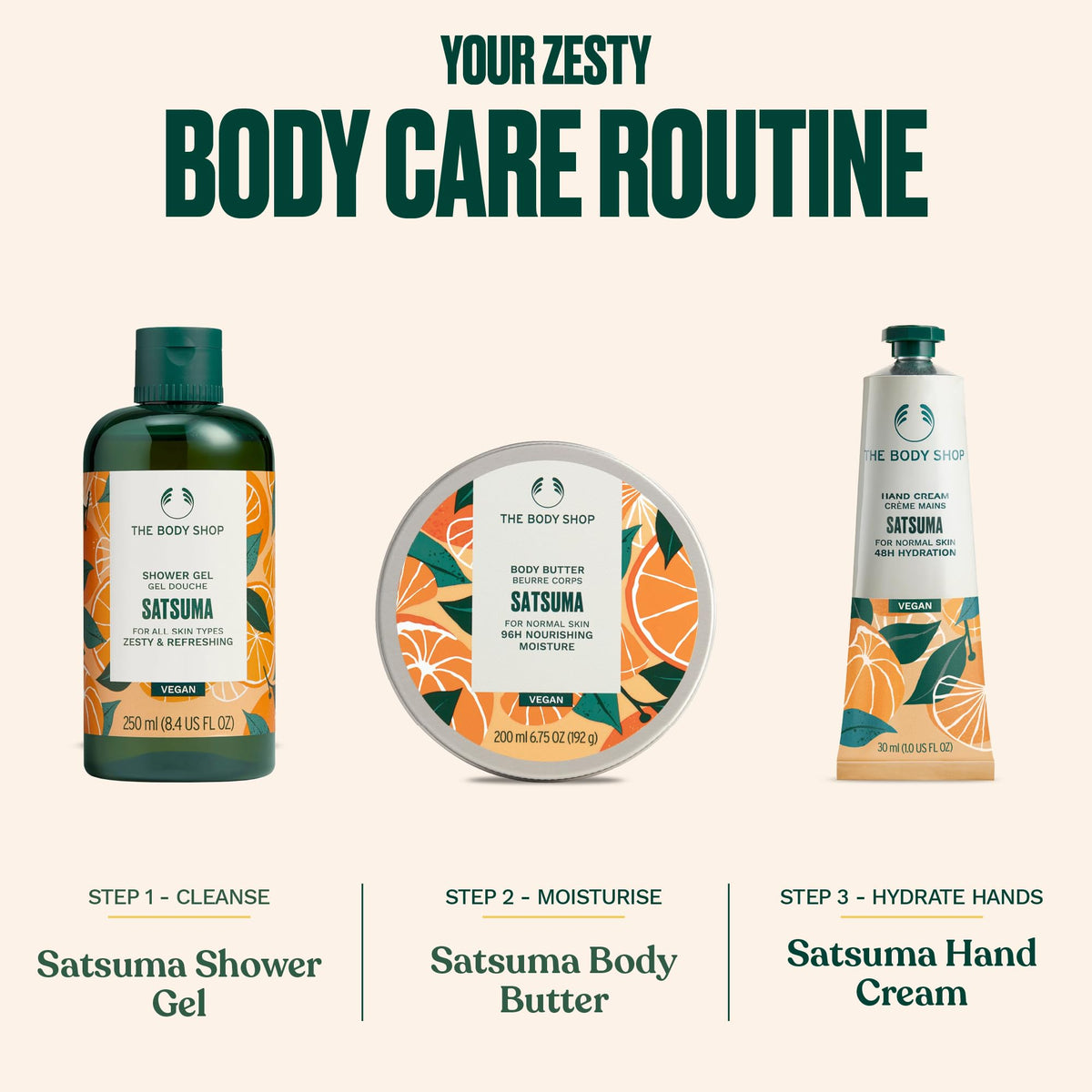 The Body Shop satsuma shower gel in shower setting illustrating refreshing use and bright scent