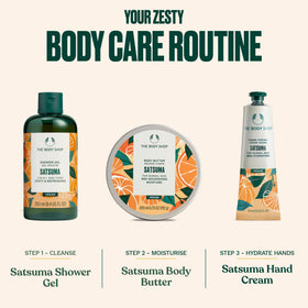 The Body Shop satsuma shower gel in shower setting illustrating refreshing use and bright scent