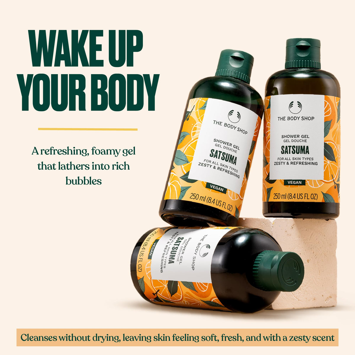 The Body Shop satsuma shower gel pump closeup for easy dispensing and controlled use