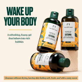 The Body Shop satsuma shower gel pump closeup for easy dispensing and controlled use