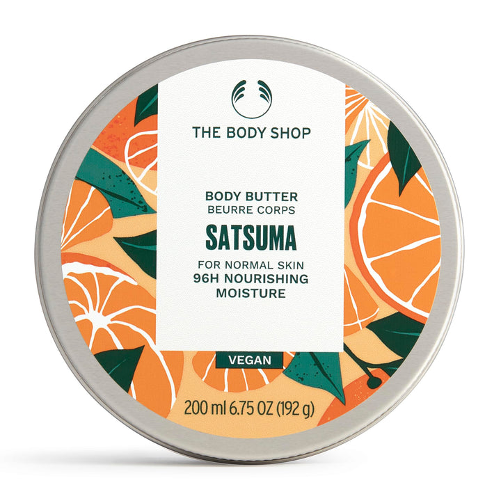 The Body Shop satsuma tub front view showing label and recyclable packaging benefit