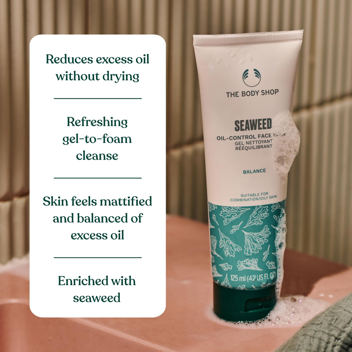 The Body Shop cleanser in use on face demonstrating oil-control and refreshing benefit