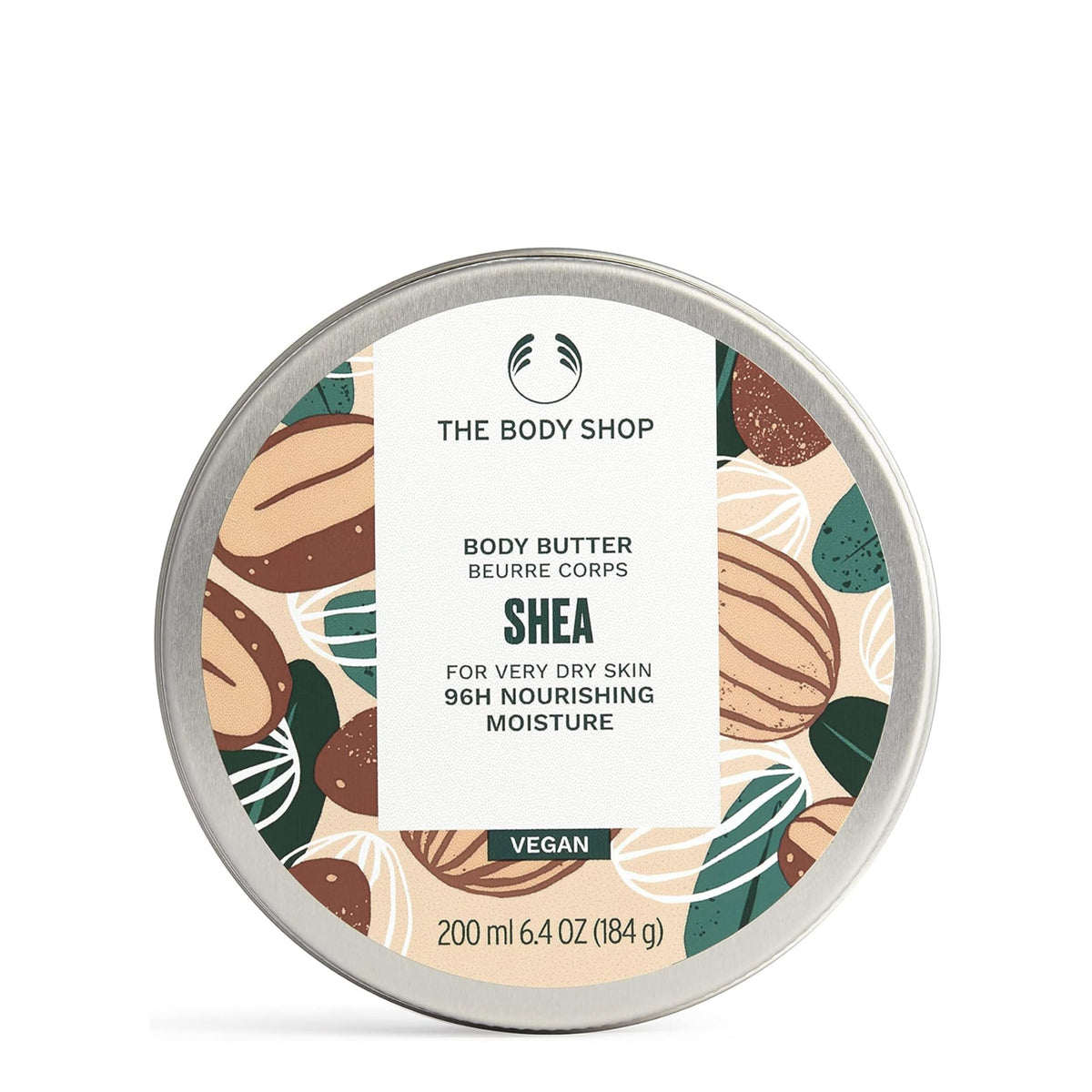 The Body Shop shea body butter front packaging showing product benefit