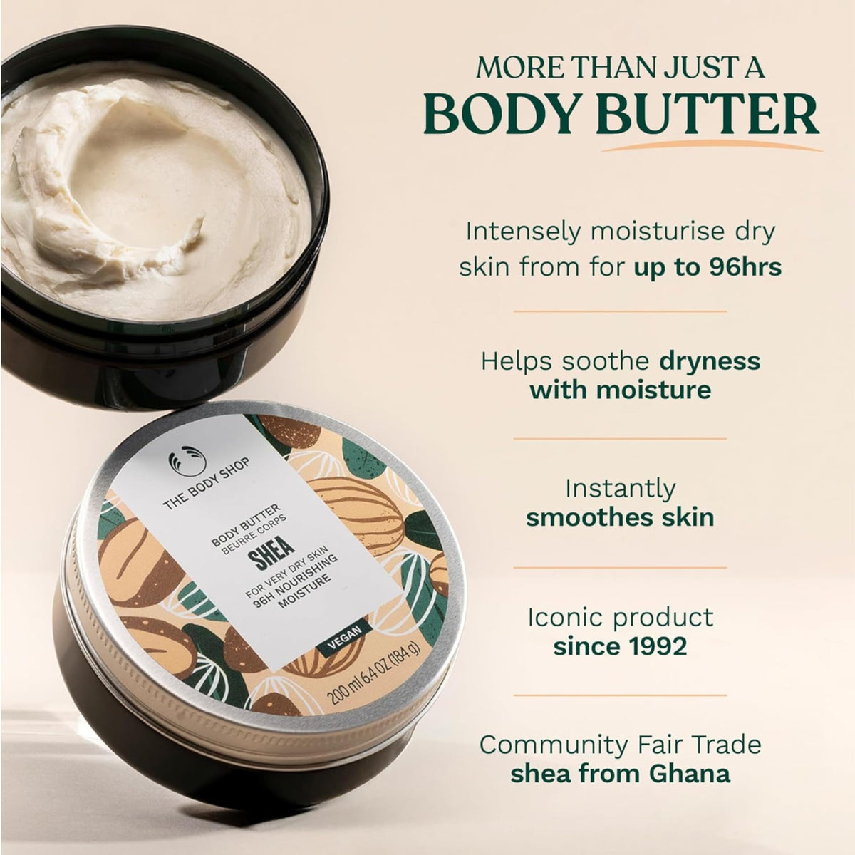 The Body Shop shea body butter next to common items to show 200 ml size