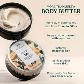 The Body Shop shea body butter next to common items to show 200 ml size