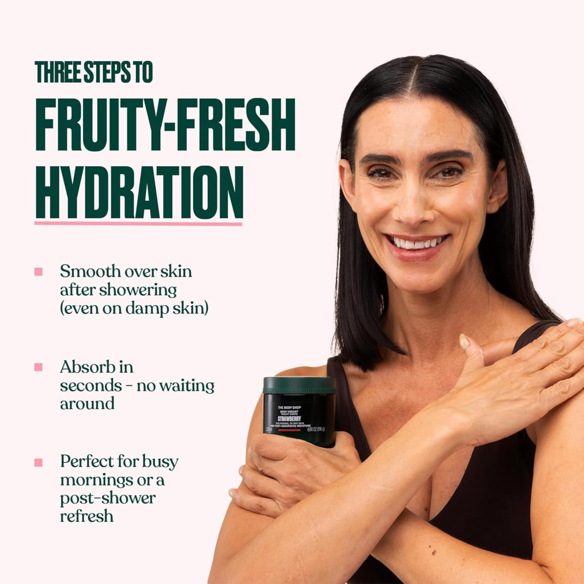 The Body Shop jar on bathroom shelf showing post-shower routine convenience