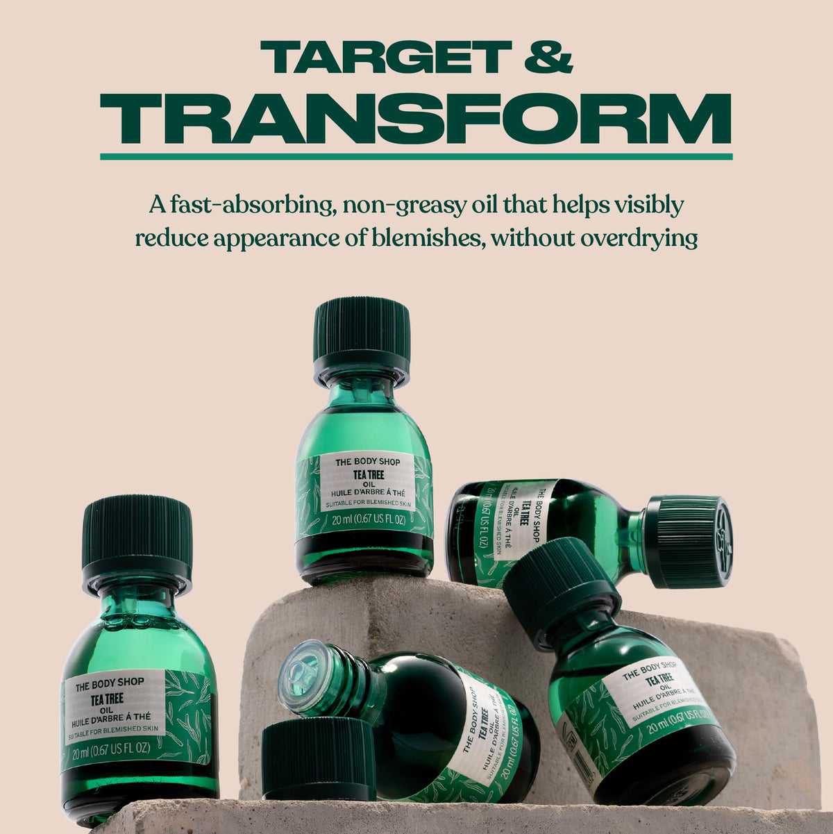 The Body Shop tea tree dropper releasing a drop for precise, targeted application