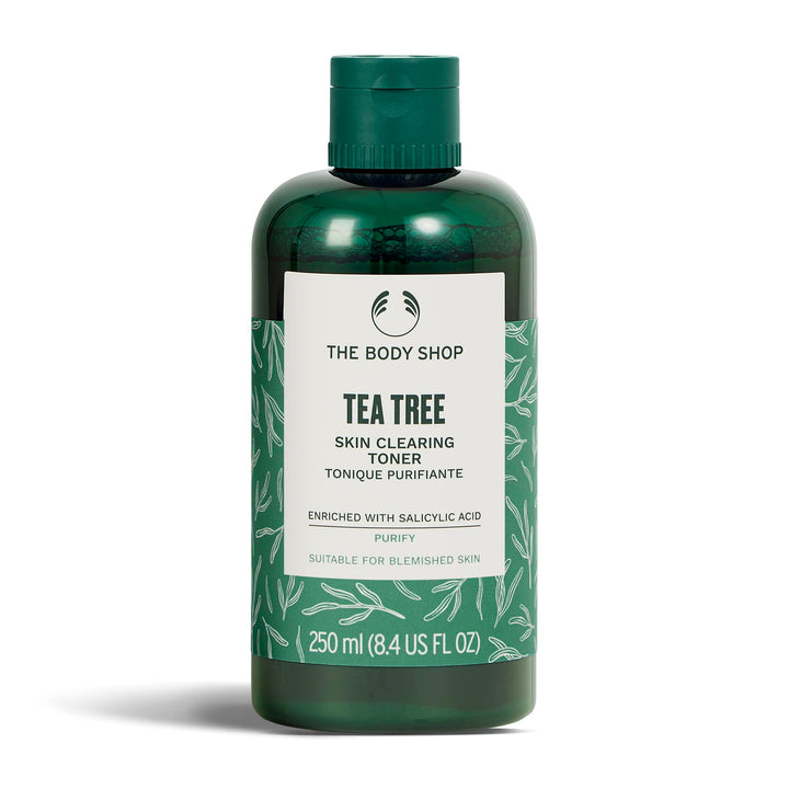 The Body Shop tea tree front bottle showing product packaging and volume benefits