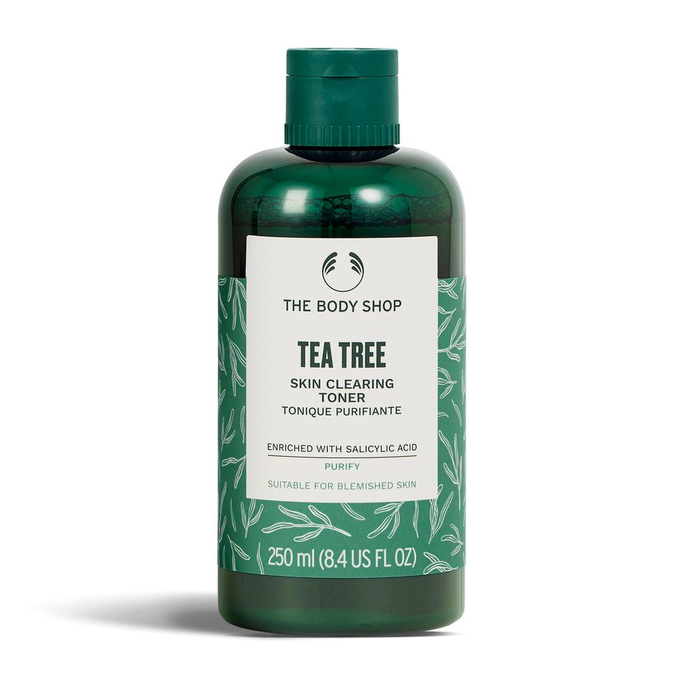 The Body Shop tea tree front bottle showing product packaging and volume benefits