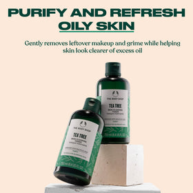 The Body Shop tea tree label closeup highlighting ingredients and ethical sourcing