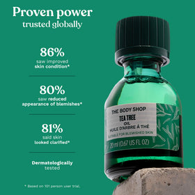 The Body Shop tea tree label close-up showing fair-trade sourcing information