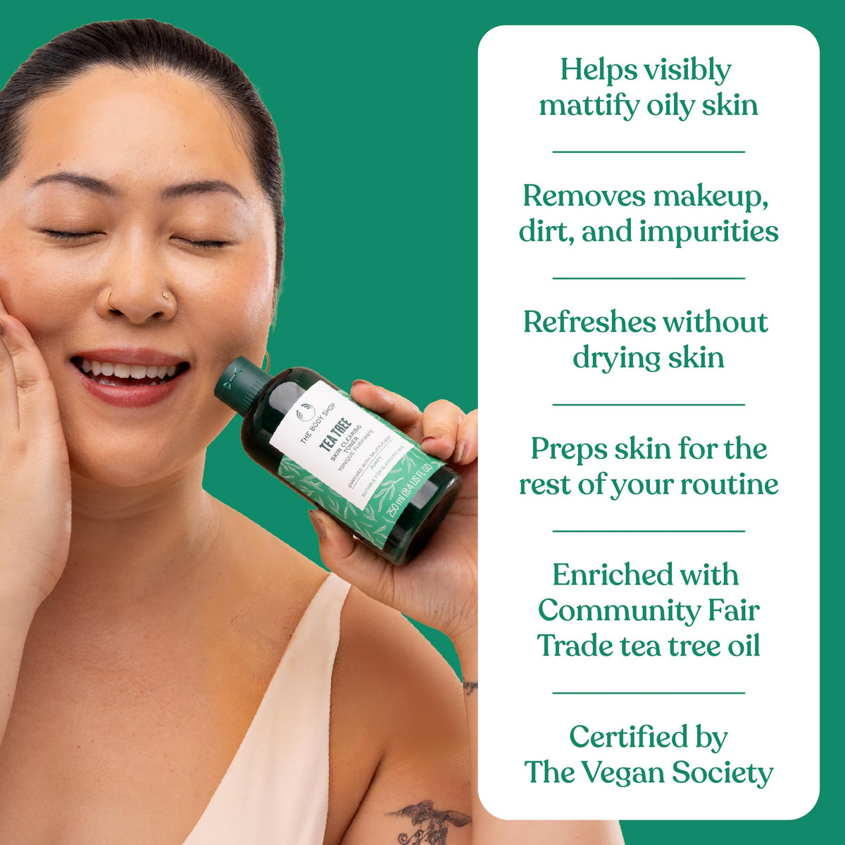 The Body Shop tea tree pump and drops illustrating easy application and control