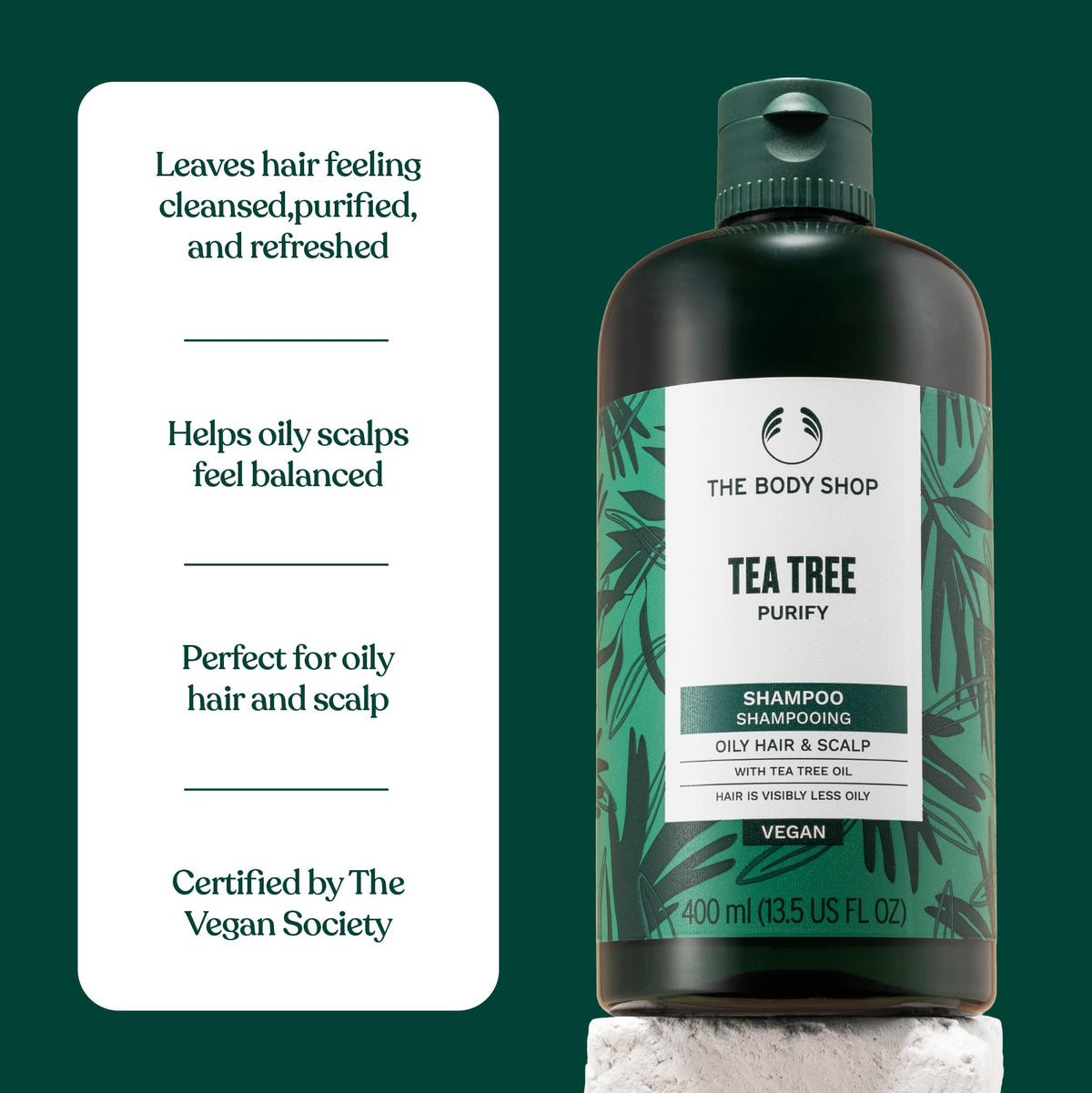 The Body Shop bottle held in hand to show size and travel-friendly benefit