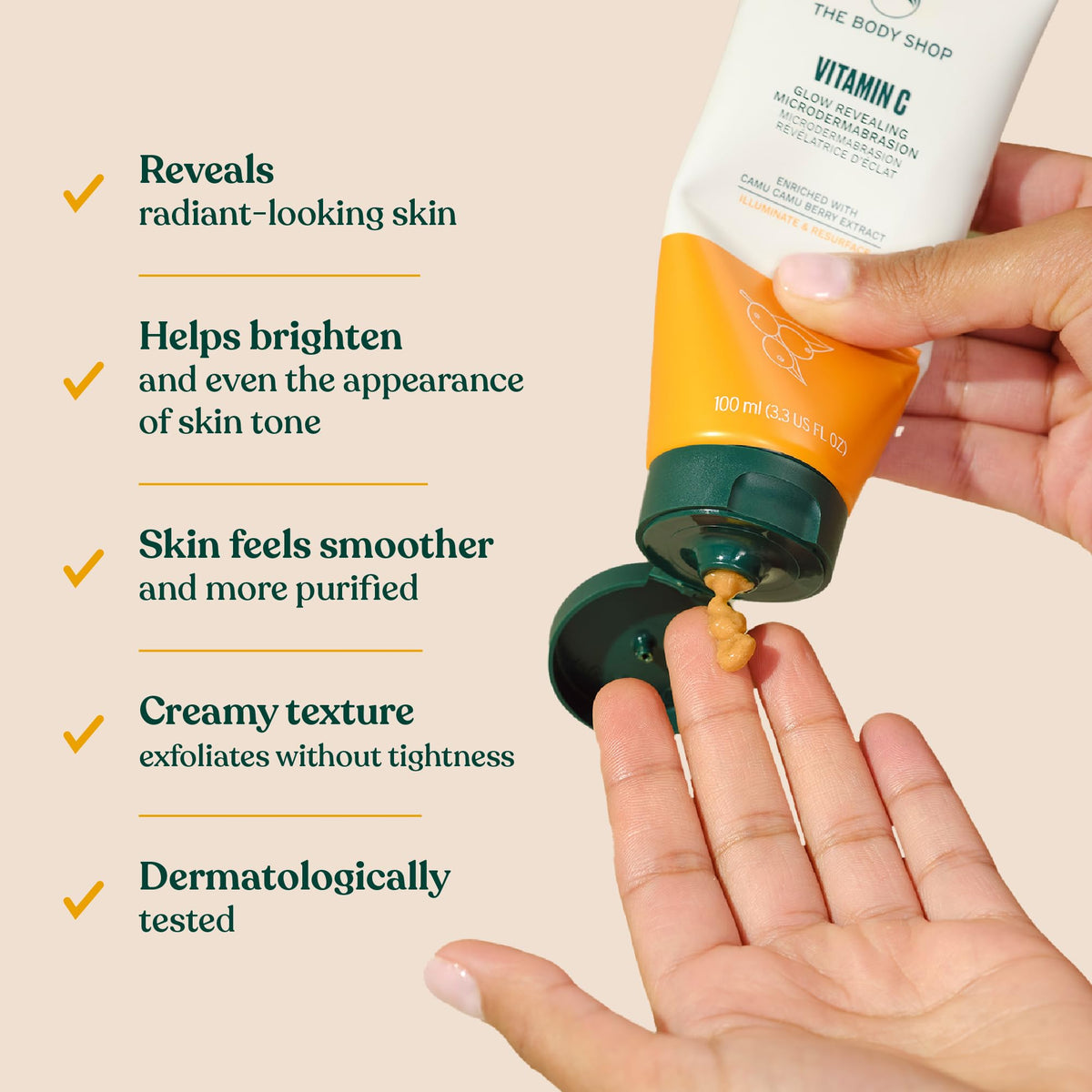 The Body Shop bottle beside camu camu berries highlighting vitamin C boost