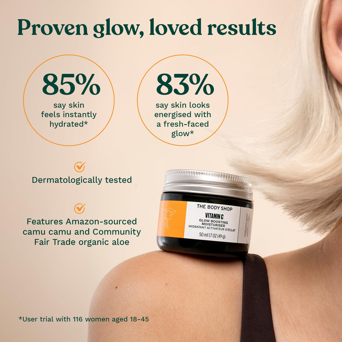 The Body Shop product label and ingredients list showing ethical sourcing benefit
