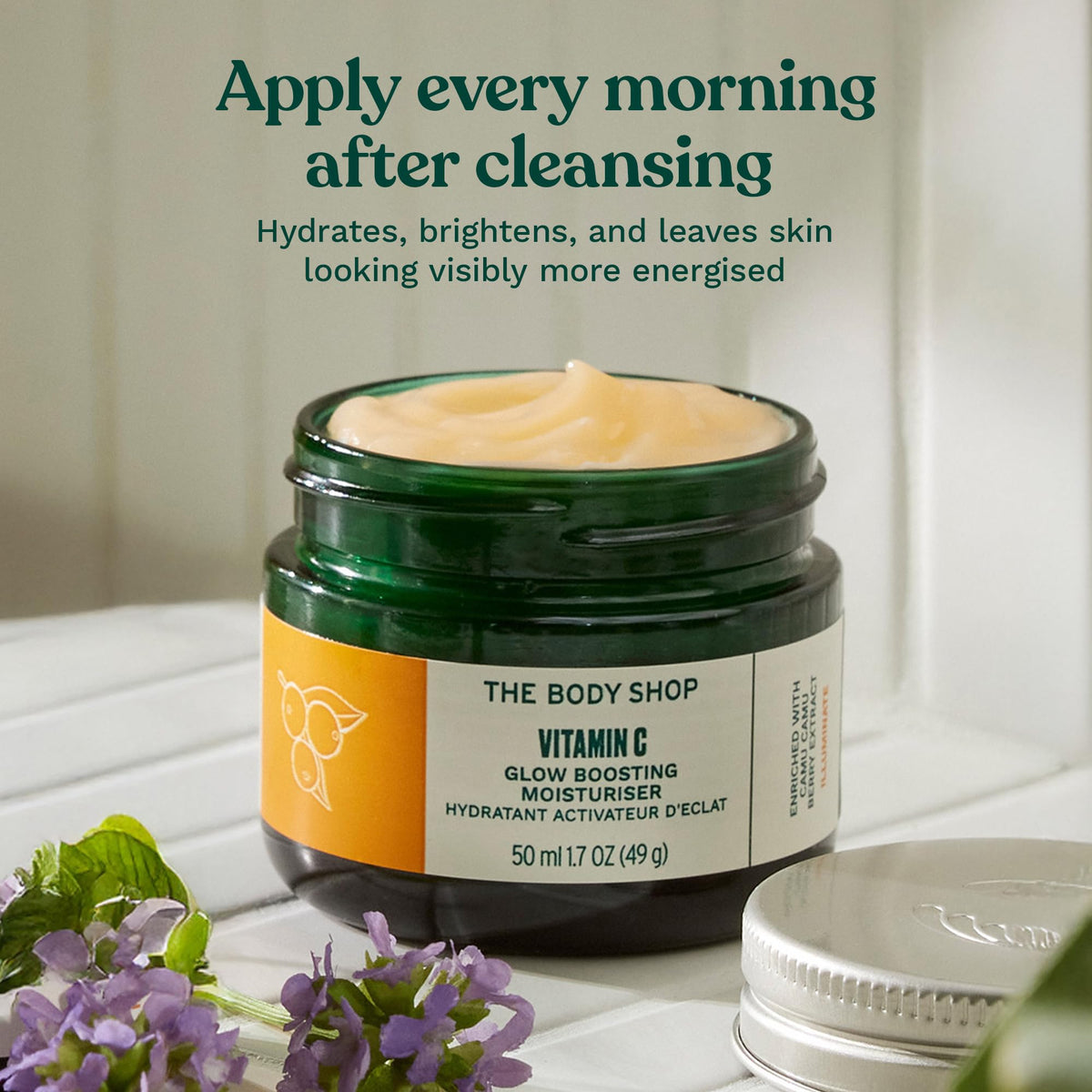 The Body Shop jar in bathroom setting showing daily routine and glowing skin benefit