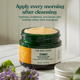 The Body Shop jar in bathroom setting showing daily routine and glowing skin benefit