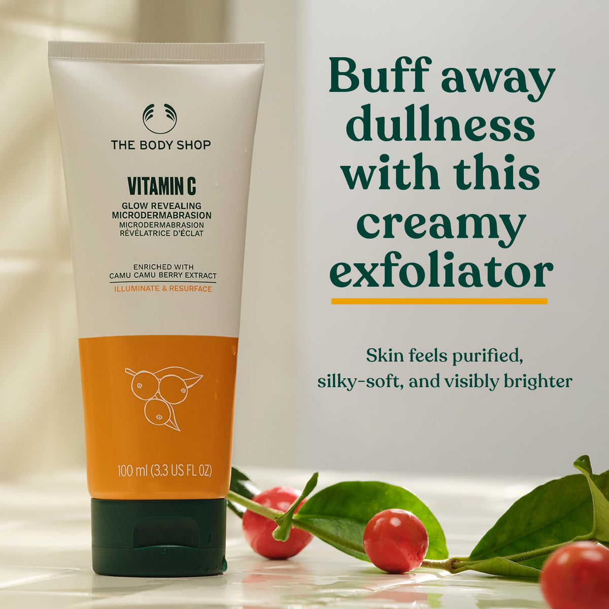 The Body Shop texture close-up revealing fine exfoliating particles for smoother skin